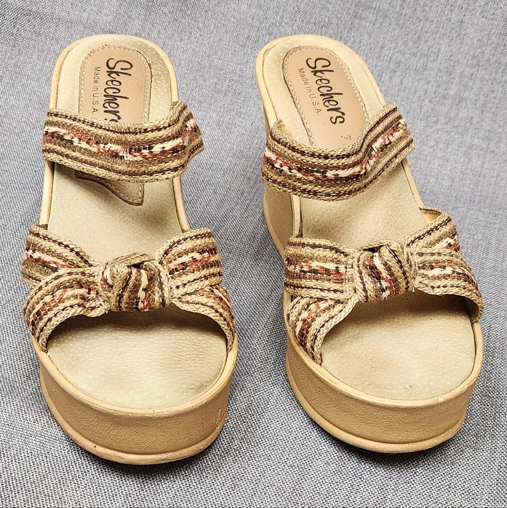 Vintage Skechers High 4 Inch Wedged Slip On Sandals Tan & Brown USA Made. 7 - Picture 2 of 9
